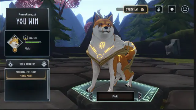 Floki 站在勝利畫面中，Vera 獎勵面板顯示已升級並獲得 1 點技能點。